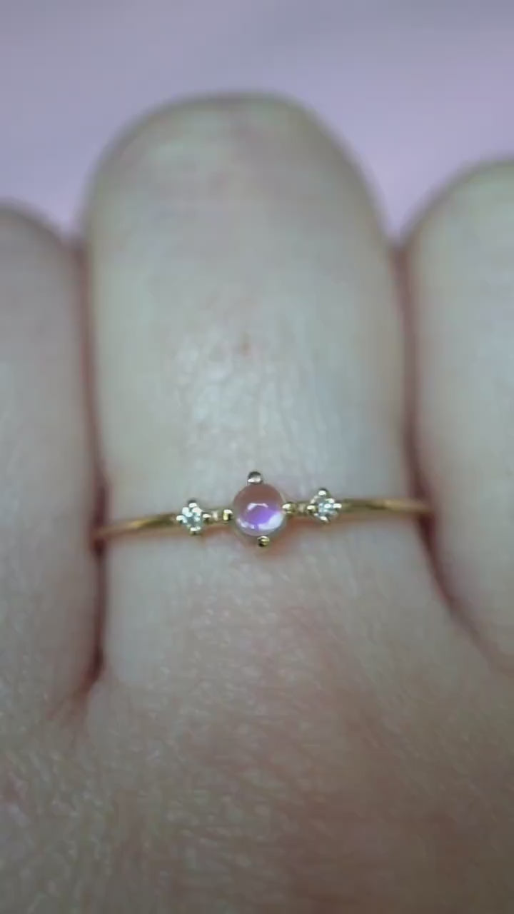 14K Gold Moonstone Diamond Ring, "Moonlight Drive" Ring, Moonstone Ring, Dainty Ring, Smooth Moonstone, Rainbow Moonstone, Blue Flash, 10K