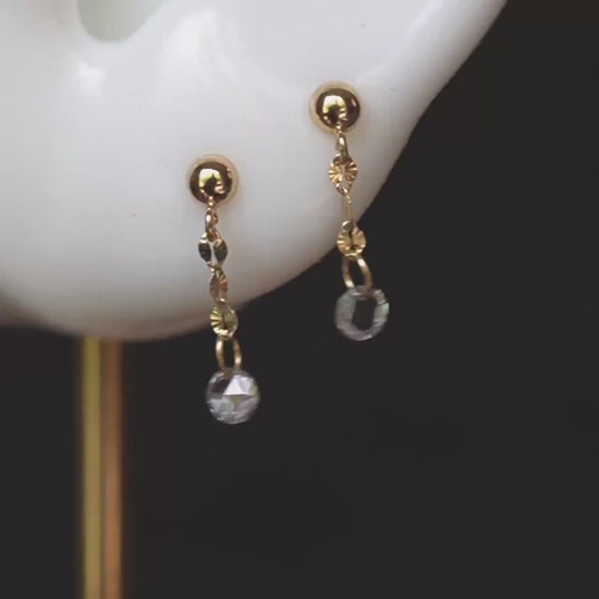 14K Rose-cut Diamond Dangle Studs, Shimmer Studs, Short Dangle Studs, Floating Diamond, Chain Studs, Sparkle Chain Earrings, Solid Gold