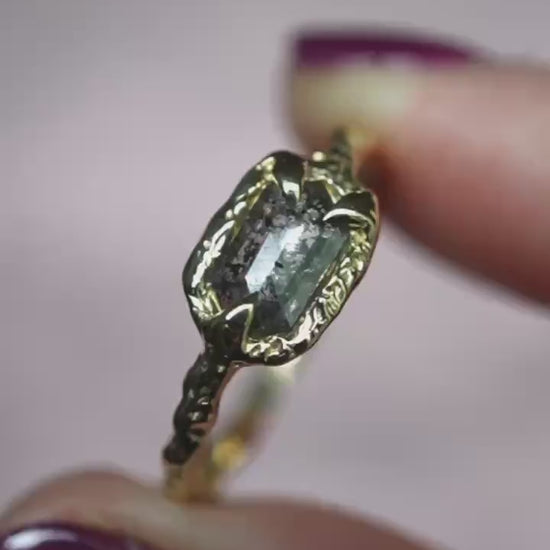 OOAK 10K Salt and Pepper Diamond Ring, Hexagon Diamond, Molted Ring, Organics Textured Ring, Spike Prongs, One of a Kind, Asymmetrical Ring