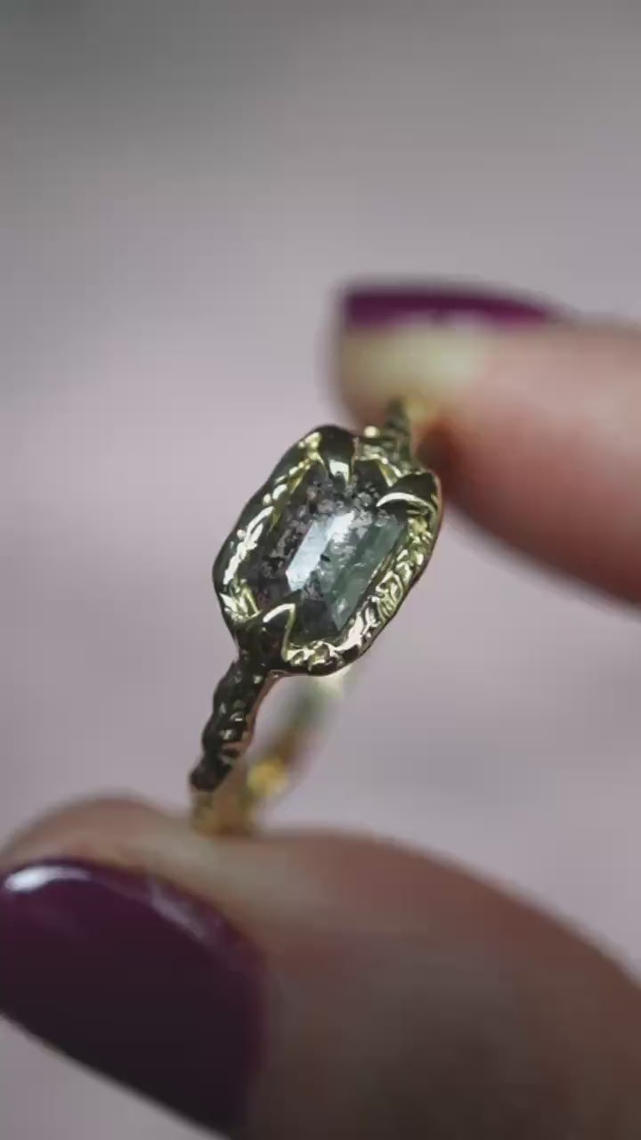 OOAK 10K Salt and Pepper Diamond Ring, Hexagon Diamond, Molted Ring, Organics Textured Ring, Spike Prongs, One of a Kind, Asymmetrical Ring
