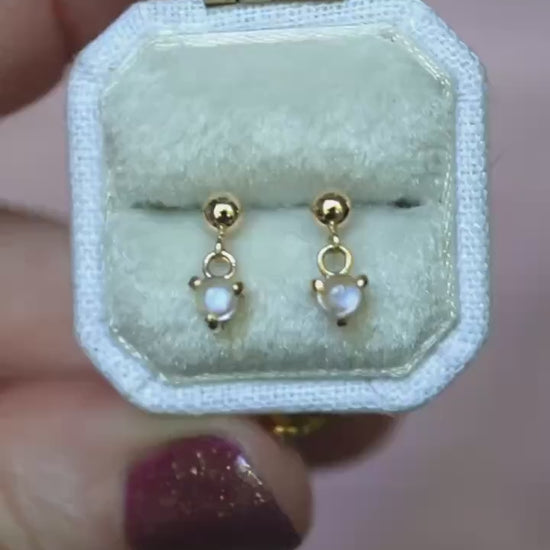 14K Moonstone Dangle Studs, Ball Studs, Blue Flash, Rainbow Moonstone, Solid Gold Earrings, Real Gold, Dreamy Studs, June Bithstone