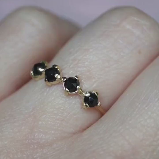 14K Black Diamond Row Ring, Black Spinel Row Ring, 10K Gold Ring, Black Stone Ring, Rose-cut Stone, Four Stone Ring, Minimal Jewelry