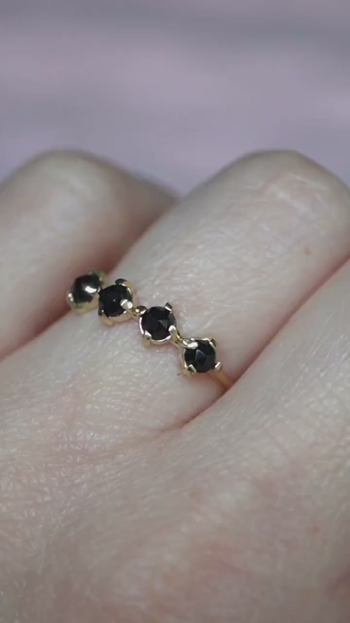 14K Black Diamond Row Ring, Black Spinel Row Ring, 10K Gold Ring, Black Stone Ring, Rose-cut Stone, Four Stone Ring, Minimal Jewelry