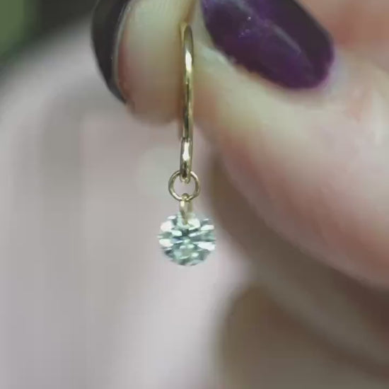 14K Gold Floating Diamond Hoop Earrings, Huggie Hoops, Round Diamond, Lab Made Diamond, Minimal Jewelry, Tight Hoops, Sparkle Diamond, 10K