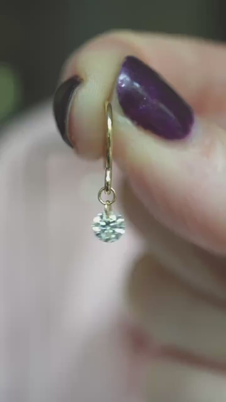 14K Gold Floating Diamond Hoop Earrings, Huggie Hoops, Round Diamond, Lab Made Diamond, Minimal Jewelry, Tight Hoops, Sparkle Diamond, 10K