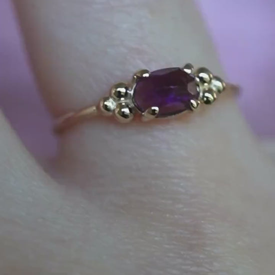 14K Triple Bead Amethyst Ring, Oval Amethyst, Gemstone Ring, February Birthstone, Purple Stone, Accented Ring, Oval Gemstone, 10K, Rose-cut