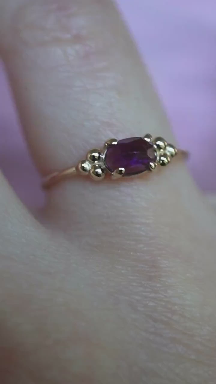 14K Triple Bead Amethyst Ring, Oval Amethyst, Gemstone Ring, February Birthstone, Purple Stone, Accented Ring, Oval Gemstone, 10K, Rose-cut