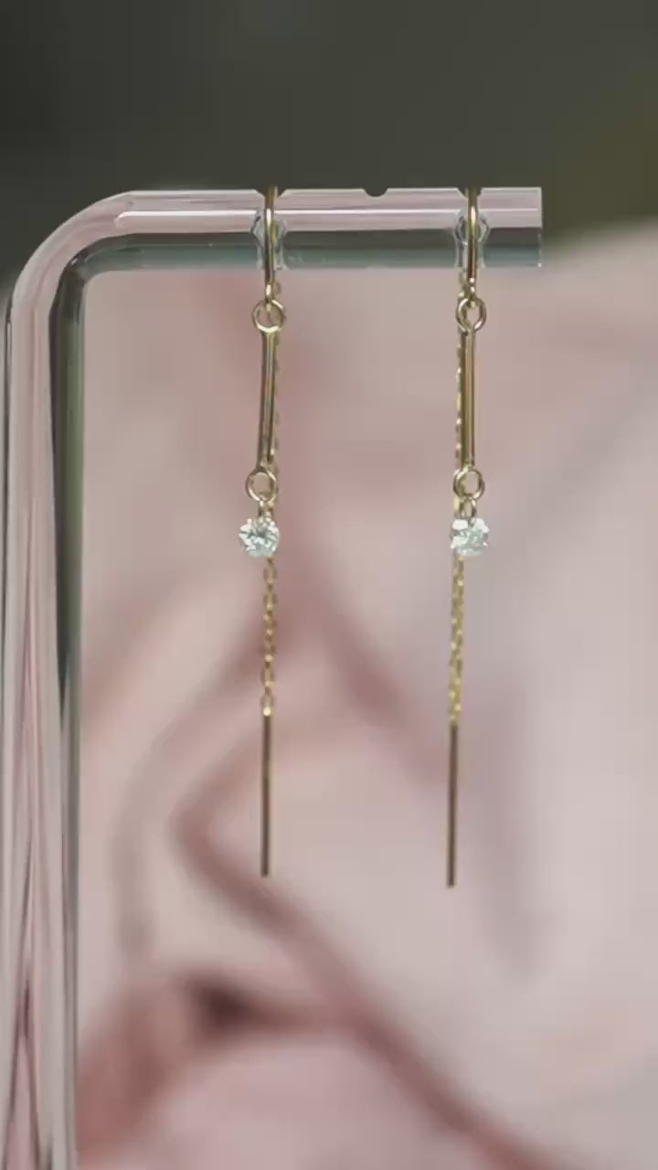 14K Gold Threader Earrings, Bar Threader, Floating Diamond Threader, Minimal Jewelry, Chain Earring, Wrap Around Studs, Real Gold, Lab Made