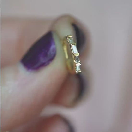14K Baguette Diamond Huggie Earrings, Natural Diamonds, Clicker Closure Huggie, Solid Gold, 10mm Heggie, Rectangle Diamond, Step Cut