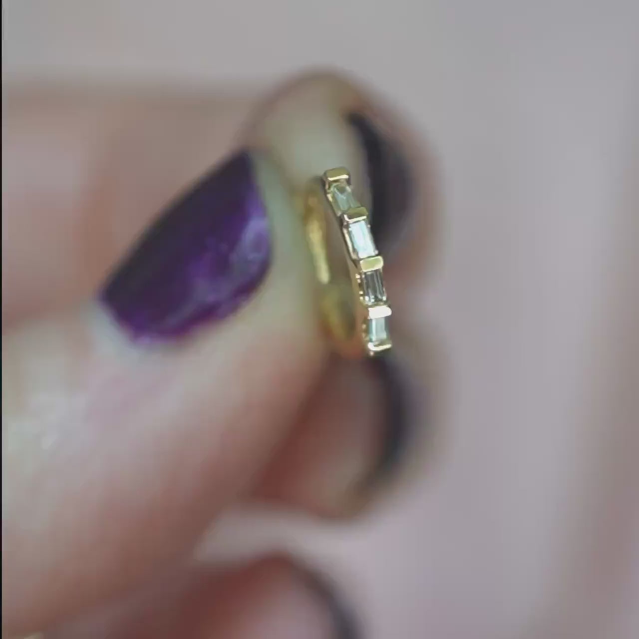 14K Baguette Diamond Huggie Earrings, Natural Diamonds, Clicker Closure Huggie, Solid Gold, 10mm Heggie, Rectangle Diamond, Step Cut