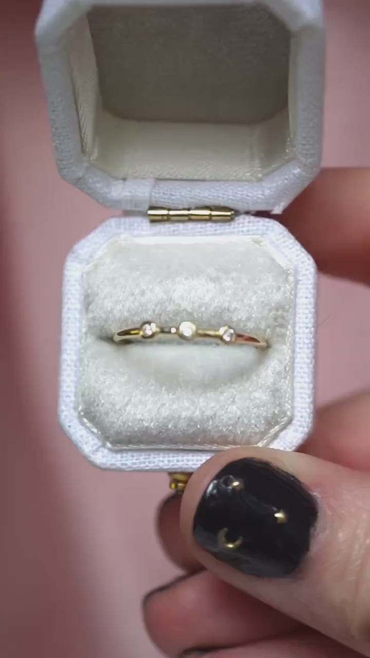 14K Triple Diamond Bezel Ring, Three Stone Ring, Tiny Bezel Ring, Unique Stacking ring, Spaced Out Stones, 10K Gold, Solid Gold Ring