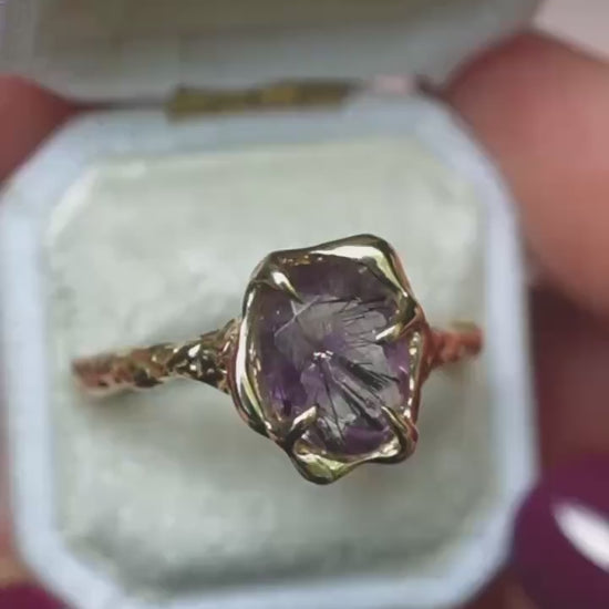 10K OOAK Super Seven Free Form Ring, Molten Ring. Solid Gold, One Of a Kind, Melody Stone, Purple Stone, Organic Textured Ring, Wave Ring