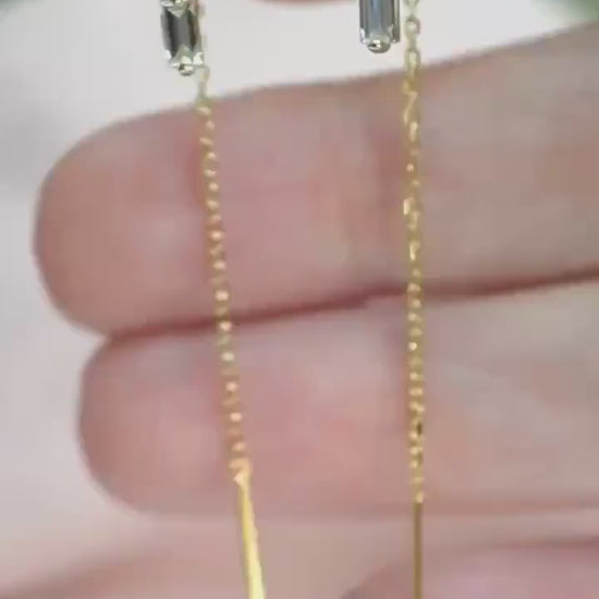 14K Diamond Baguette Threader Earrings, Hoop Threaders, Rectangle Diamond, Step Cut, Lab Made, Natural , Solid Gold Threader, Chain Earrings