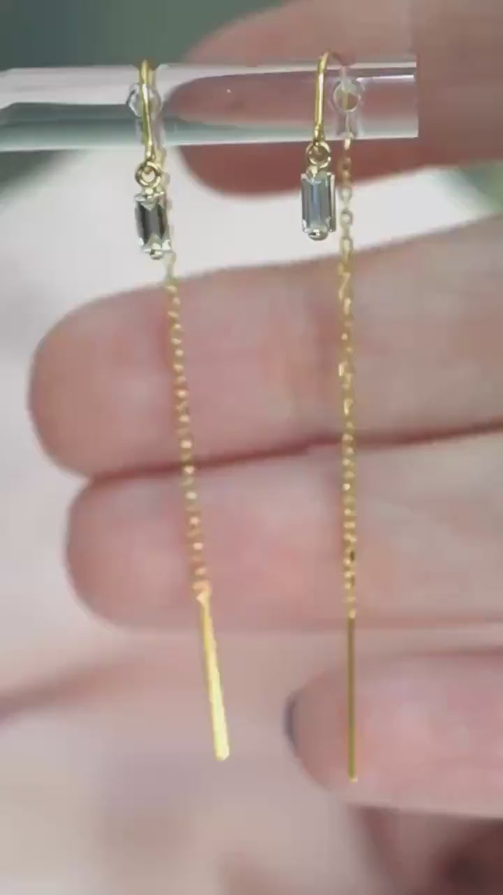 14K Diamond Baguette Threader Earrings, Hoop Threaders, Rectangle Diamond, Step Cut, Lab Made, Natural , Solid Gold Threader, Chain Earrings