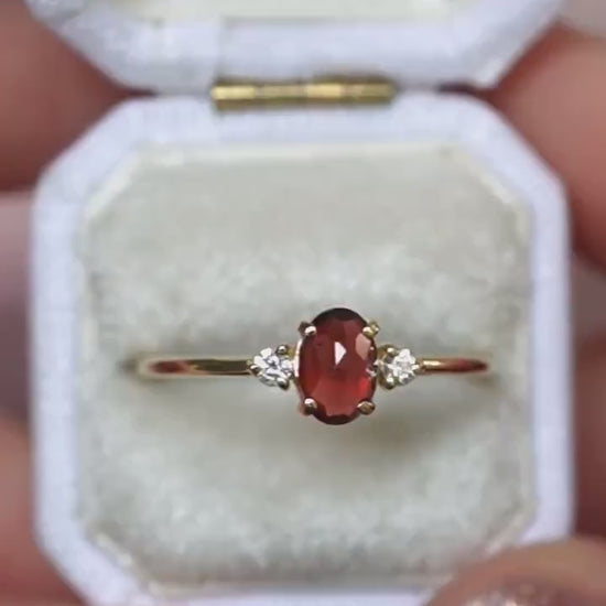 14K Gold Garnet Diamond Ring, Three Stone Ring, 10K Gemstone Ring, Red Stone Ring, Oval Stone, Rose-cut Oval, Solid Gold, January Birthstone
