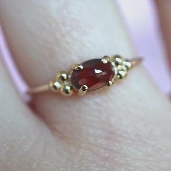 14K Triple Bead Garnet Ring, Oval Garnet, Gemstone Ring, January Birthstone, Red Stone, Accented Ring, Oval Gemstone, 10K, Rose-cut