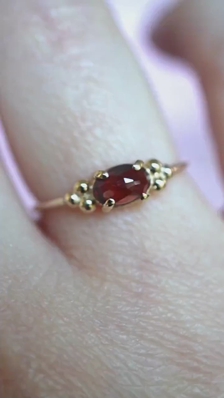 14K Triple Bead Garnet Ring, Oval Garnet, Gemstone Ring, January Birthstone, Red Stone, Accented Ring, Oval Gemstone, 10K, Rose-cut