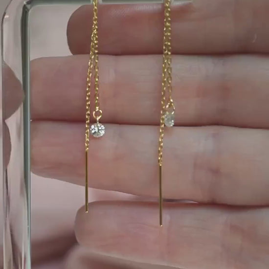 14K Diamond Threader Earrings, Lab Made Diamond, Double Hole Earrings, Chain Earrings, Solid Gold, Diamond Drop, Round Diamond, Dangle, 3mm