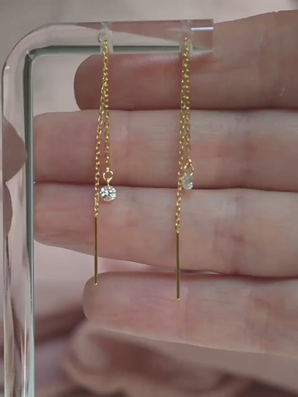 14K Diamond Threader Earrings, Lab Made Diamond, Double Hole Earrings, Chain Earrings, Solid Gold, Diamond Drop, Round Diamond, Dangle, 3mm