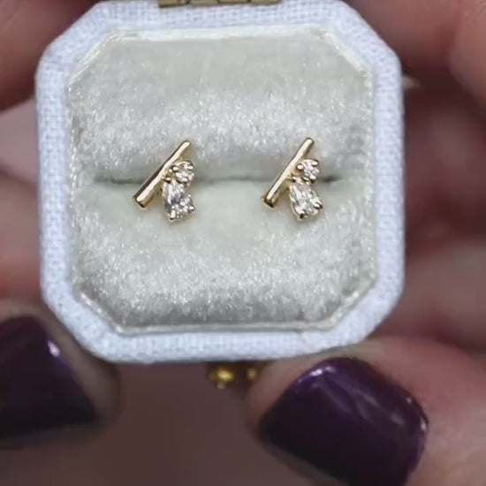 14K Gold Diamond Cluster Studs, Bar Cluster Studs, Tear Setting, Pear Setting, Mixed Shape, Natural or Lab Diamond, Solid Gold, Post Stud