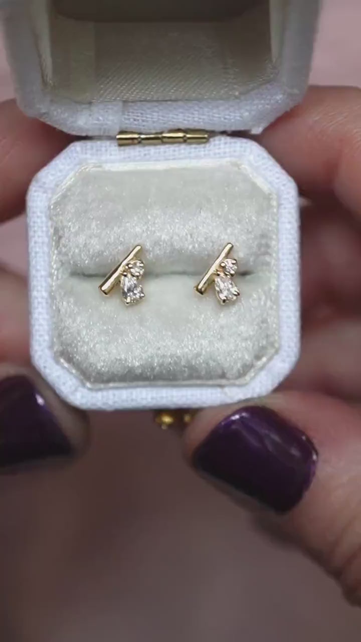 14K Gold Diamond Cluster Studs, Bar Cluster Studs, Tear Setting, Pear Setting, Mixed Shape, Natural or Lab Diamond, Solid Gold, Post Stud