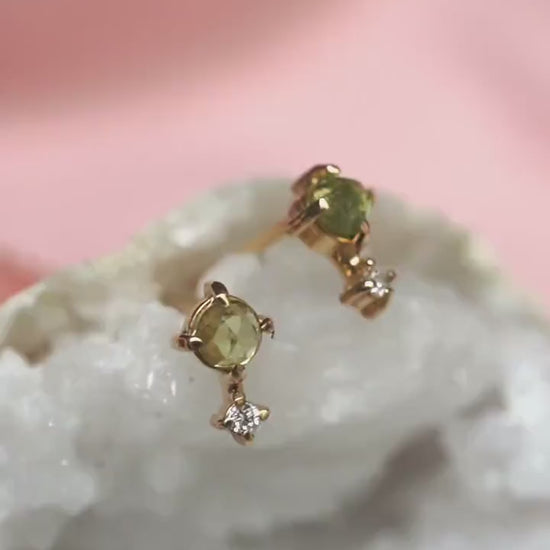 14K Peridot Diamond Studs, Love Drop Studs, Green Stone Earrings, August Birthstone, Two Stone Studs, Solid Gold Earrings, Rose Cut Stone