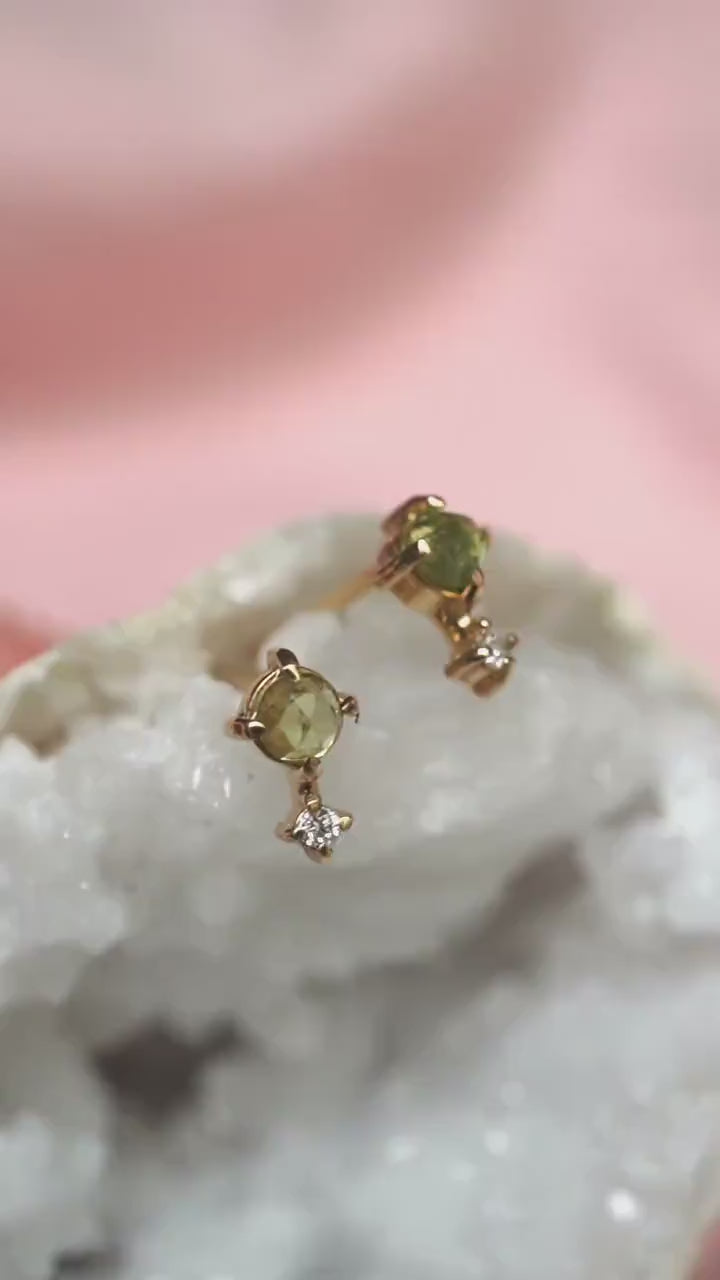 14K Peridot Diamond Studs, Love Drop Studs, Green Stone Earrings, August Birthstone, Two Stone Studs, Solid Gold Earrings, Rose Cut Stone