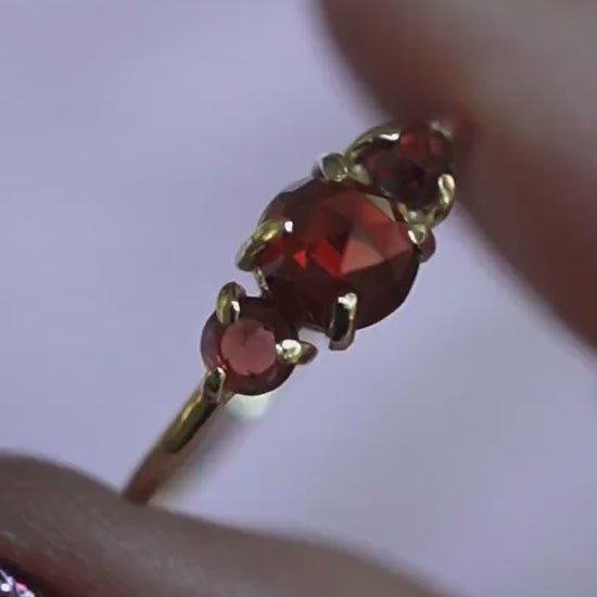 14K Gold Garnet Ring, Three Stone Ring, Rose Cut Garnet, 10K January Birthstone, Triple Stone Ring, Red Stone, Rose-cut Stone