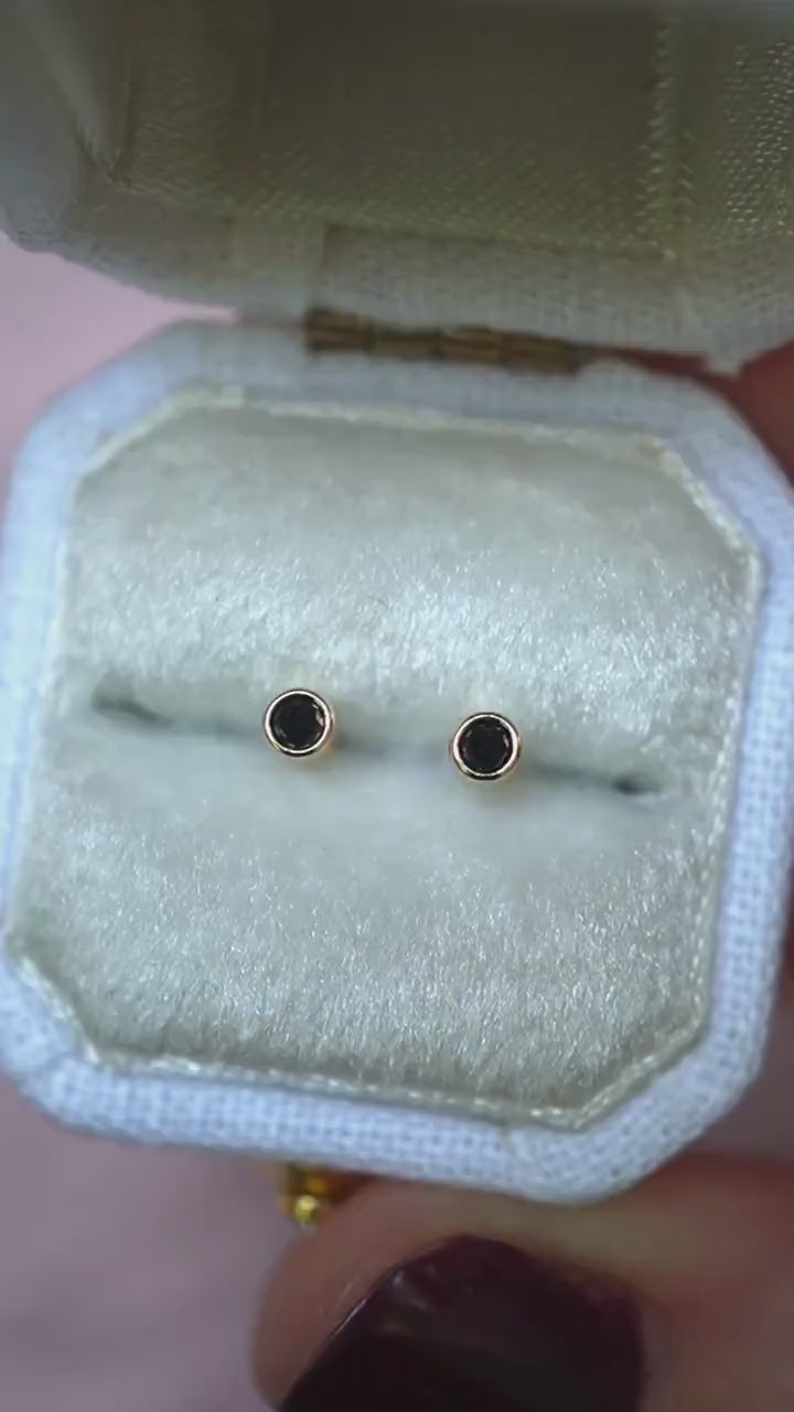 14K Gold Black Diamond Bezel Studs, Second Hold Stud, Diamond Earrings, Everyday Wear, Solid Gold, Post Studs, Round Stone, Tube Bezel Stud