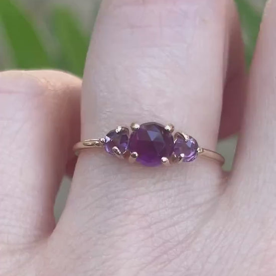 14K Gold Amethyst Ring, Three Stone Ring, Rose Cut Amethyst, 10K, February Birthstone, Triple Stone Ring, Purple Gemstone, Solid Gold Ring