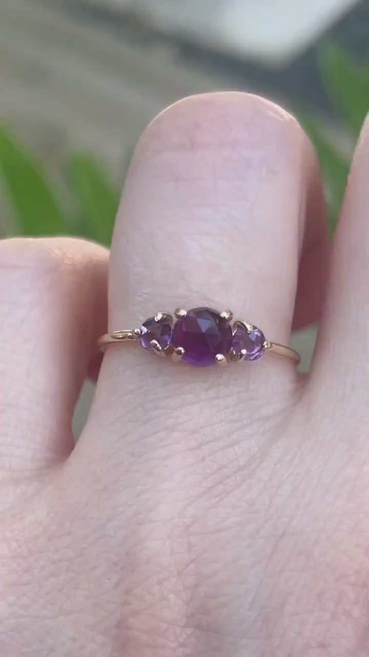 14K Gold Amethyst Ring, Three Stone Ring, Rose Cut Amethyst, 10K, February Birthstone, Triple Stone Ring, Purple Gemstone, Solid Gold Ring
