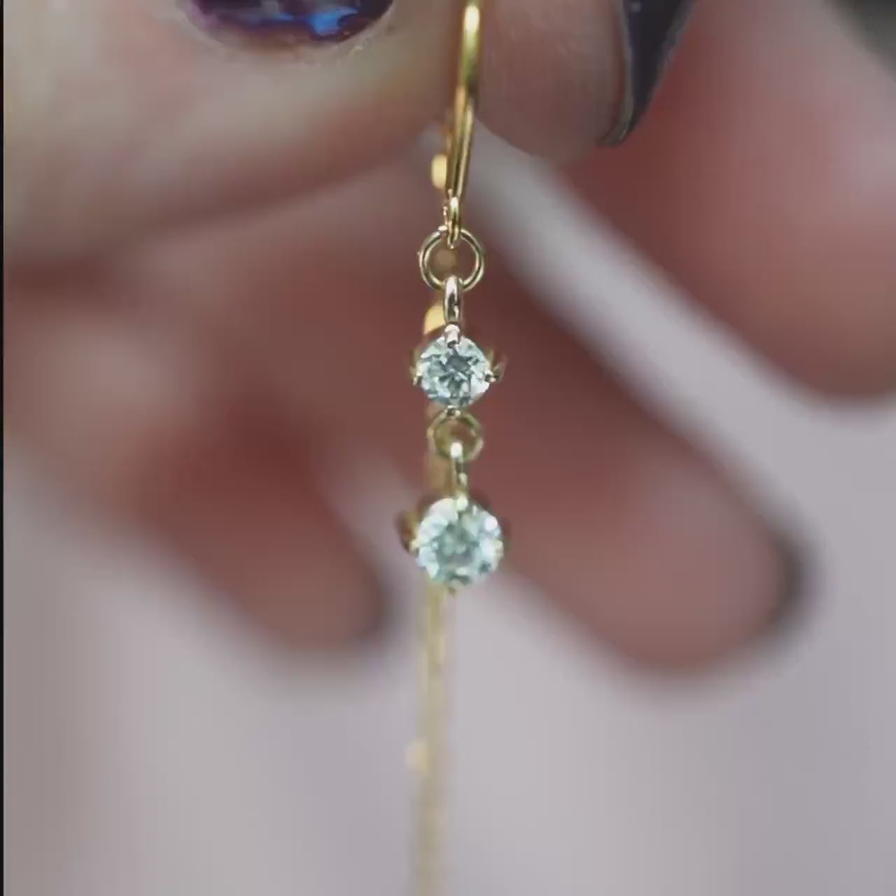 14K Gold Diamond Threader Earrings, Double Diamond, Hoop Threader, Looping Earrings, Solid Gold Earrings, Two Diamonds, Dangle Earrings