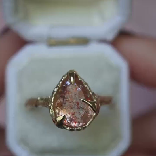 10K OOAK Confetti Sunstone Ring, Molted Ring, Organic Texture, Solid Gold, One Of A Kind, Pear Shape, Tear Shape, Orange Stone, Sparkle Gem