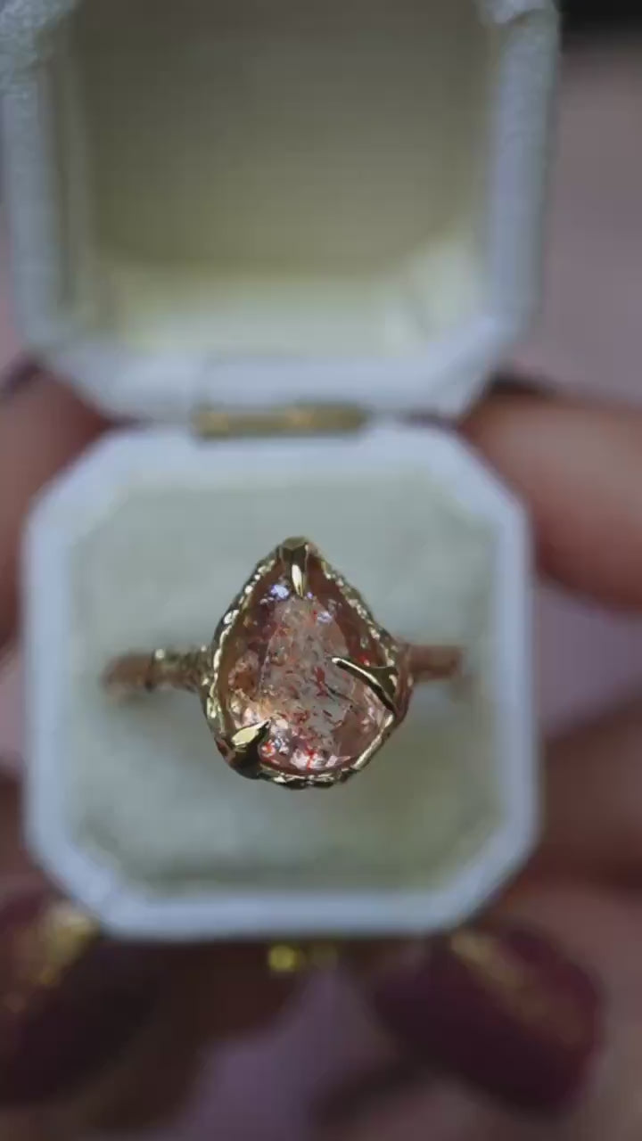 10K OOAK Confetti Sunstone Ring, Molted Ring, Organic Texture, Solid Gold, One Of A Kind, Pear Shape, Tear Shape, Orange Stone, Sparkle Gem