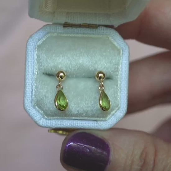 14K Peridot Pear Drop Studs, Tear Shape Peridot, Post Studs, Bezel Peridot, August Birthstone Stud, Green Gemstone, Short Dangle Earrings