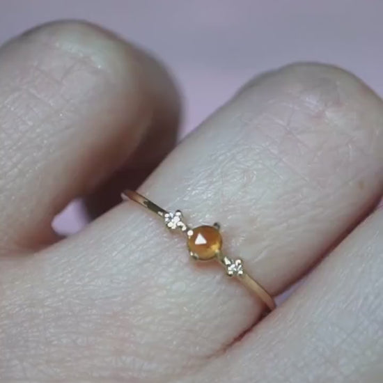 14K Citrine Three Stone Ring, Side Diamond, Rose-cut Citrine, 10K Gold, Solid Gold Ring, Yellow Stone Ring, November Birthstone Ring