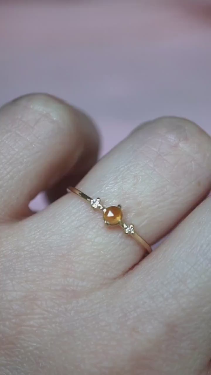 14K Citrine Three Stone Ring, Side Diamond, Rose-cut Citrine, 10K Gold, Solid Gold Ring, Yellow Stone Ring, November Birthstone Ring