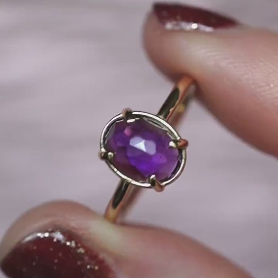 14K Gold Amethyst Statement Ring, Rose-cut Oval Stone Ring, Purple Stone Ring, Solitaire Ring, Gemstone Stone, February Birthstone, 10K Gold