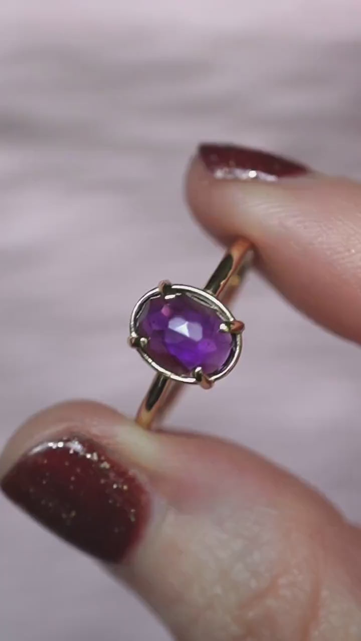 14K Gold Amethyst Statement Ring, Rose-cut Oval Stone Ring, Purple Stone Ring, Solitaire Ring, Gemstone Stone, February Birthstone, 10K Gold