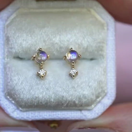 14K Gold Moonstone Diamond Earrings, "Love Drop" Earrings, Moonstone, Moonstone Studs, June Birthstone Two Stone Stud, Post Earrings, Real