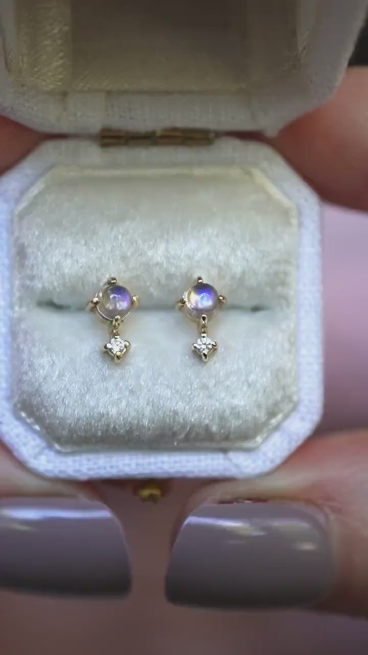 14K Gold Moonstone Diamond Earrings, "Love Drop" Earrings, Moonstone, Moonstone Studs, June Birthstone Two Stone Stud, Post Earrings, Real