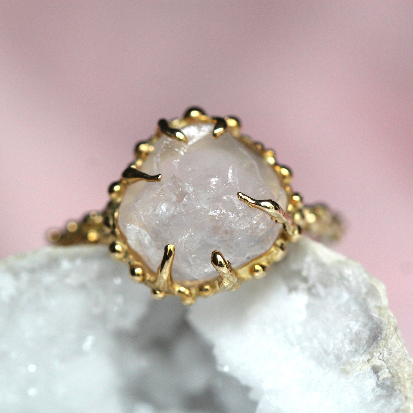 10K Gold Raw Rose Quartz Bubble Rink- OOAK