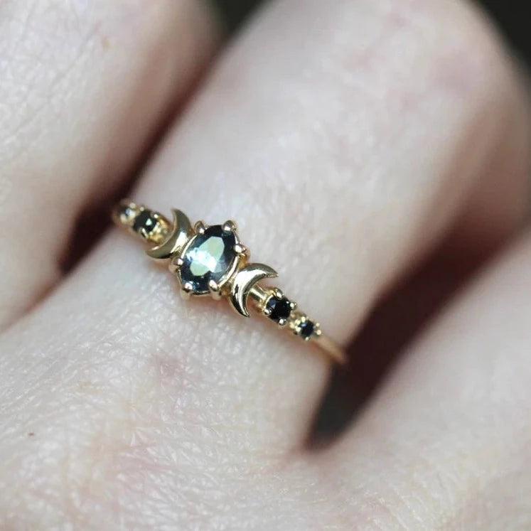 Moon Phase Ring- Grey Spinel and Black Diamonds