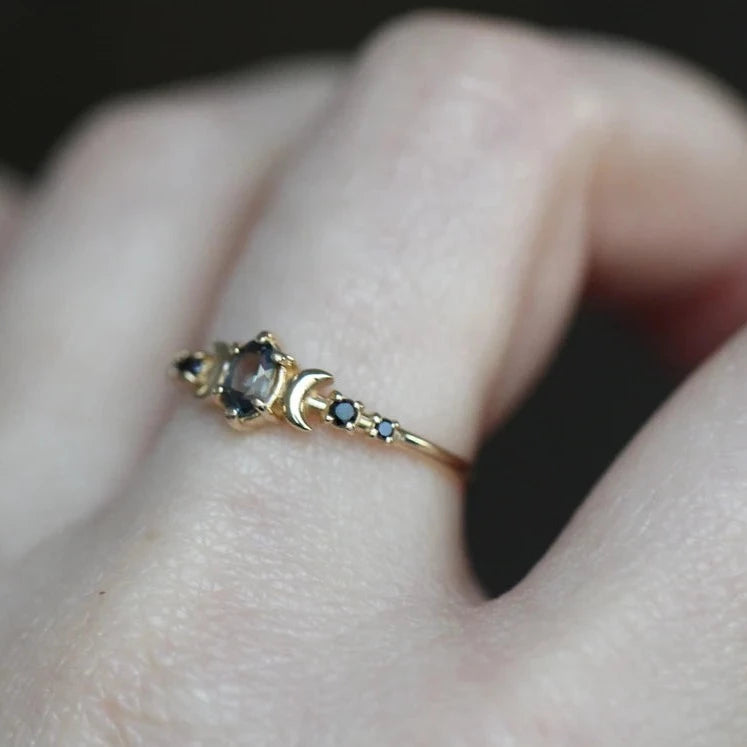 Moon Phase Ring- Grey Spinel and Black Diamonds